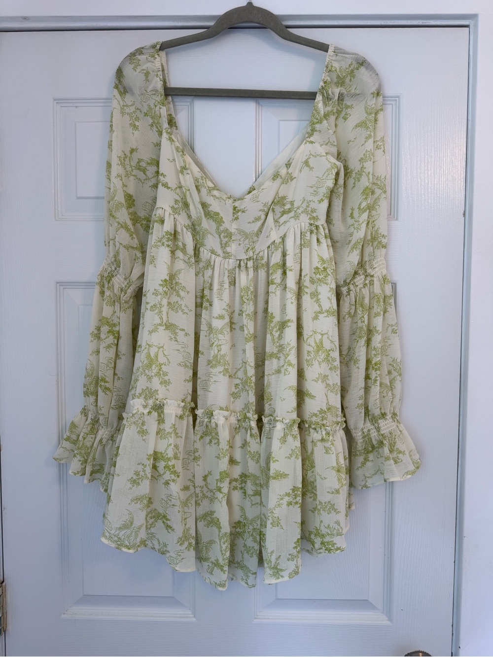 Urban Outfitters Cream and Light Green Floral Tiered Long-Sleeve Dress